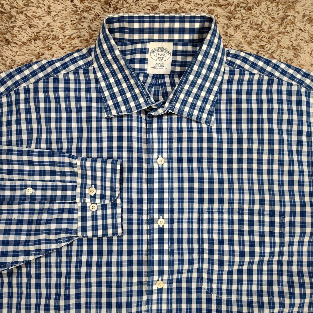 Brooks Brothers Men Sz 17-2/3 346 Blue Plaid Long Sleeve Button‎ Up Slim Shirt